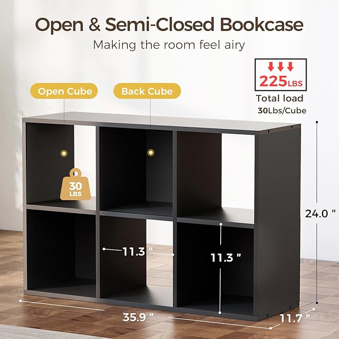 COMHOMA 6 Wood Cube Storage Organizer with Open Back and Removable Back Panels, 11In Black Cube Storage Bookshelf, Cubicle Sh
