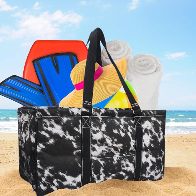 NGIL Extra Large Utility Tote Reusable Grocery Bag Oversized Collapsible for Groceries, Storage, Picnic, Beach (Cow Fur Texture-Black)