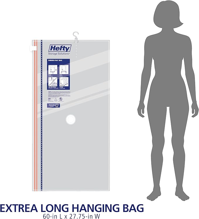 Hefty Hanging Compression Bags 3 Extra Long Vacuum Garment Storage Bags for Clothes, Travel, Closet Organization (60 X 27 Inc