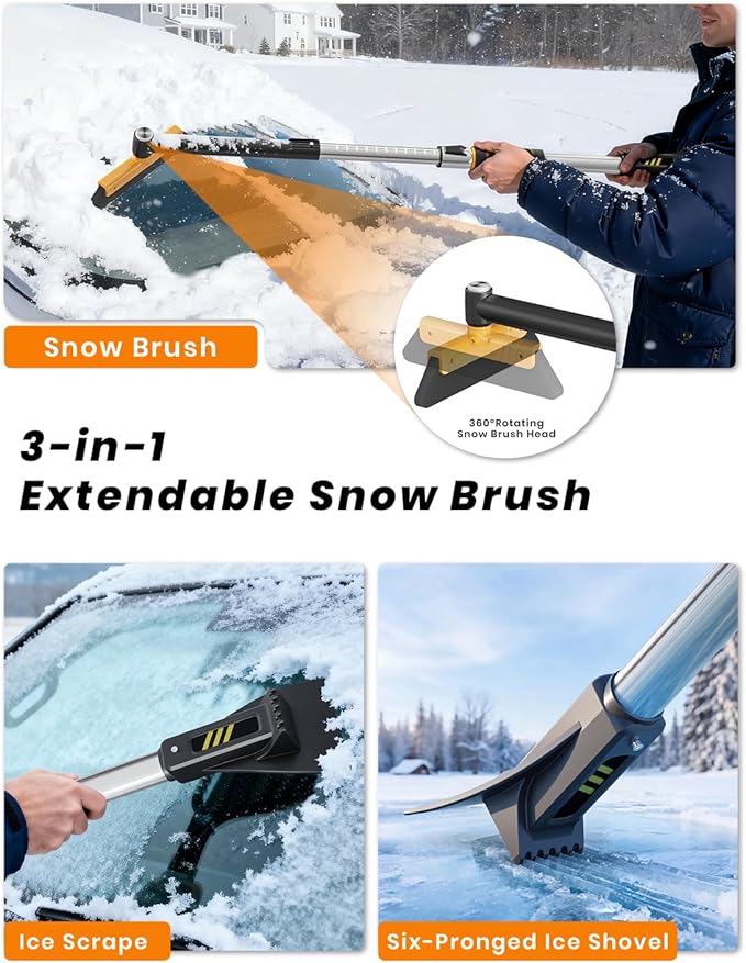 helloleiboo 43.7" Extendable Ice Scrapers for Car Windshield for 12 Adjustable Length Settings with Foam Grip and 360° Pivoting Brush Head Detachable Snow Brush for Truck SUV(Orange)