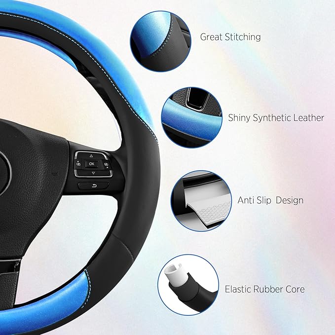 Road Comforts Steering Wheel Cover – Breathable Leather Steering Wheel Cover, Anti-Slip Grip, Universal Fit 14.5” to 15”, Hea