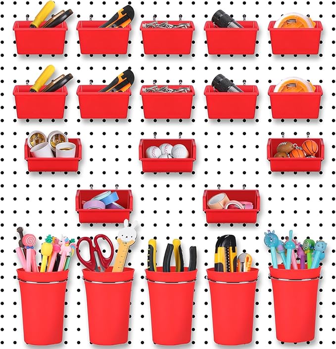 Yookeer 20 Pcs Pegboard Bins and Cups with Hooks and Loops Peg Assortment Organizer Accessories Various Tool Organizer Pegboa