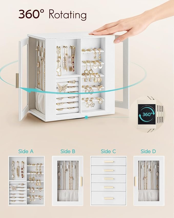 Vlando 360° Rotating Jewelry Box with 5 Drawers, Large Jewelry Storage with 2 Glass Window, PU Leather Jewelry Organizer for 