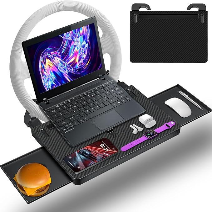 Steering Wheel Tray, Car Food Tray, Car Desk for Laptop, Carbon Fiber Look Multipurpose Car Table for Eating & Work, Adjustable Car Tray with Drawer and Anti-Slip Protective Adhesive