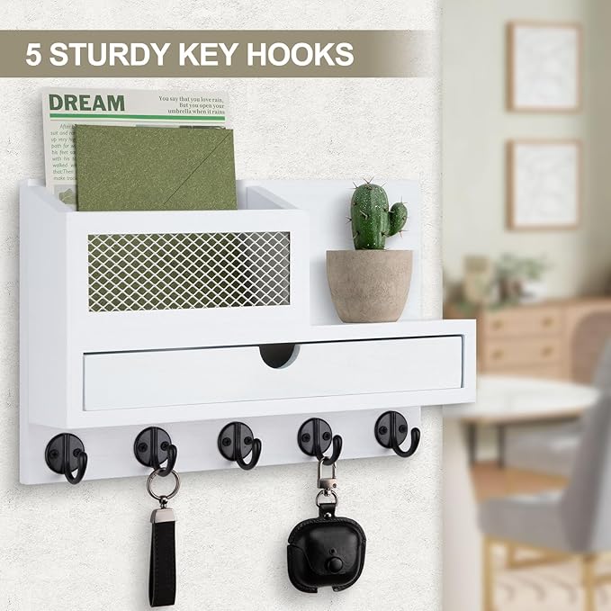 Key Holder Wall Mount, Key Holder for Wall with 5 Key Hooks and Storage Drawer Mail Organizer for Entryway Living Room Farmho
