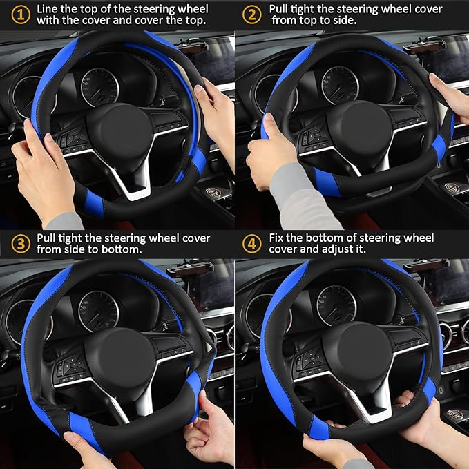 West Llama Flat Bottom Car Steering Wheel Cover for Nissan,D Shaped Steering Wheel Cover for Rogue,Altima,Kicks (Black+Blue-S