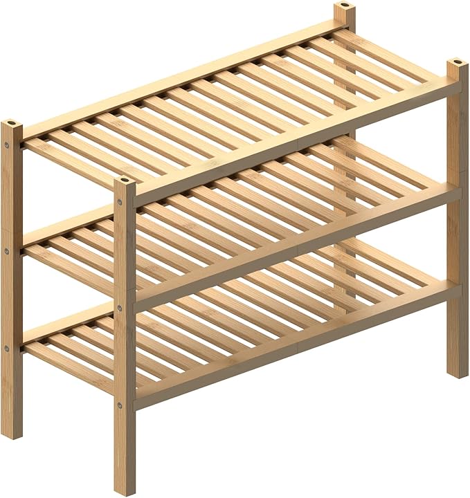 ROMGUAR CRAFT (Thick Bamboo Shoe Rack for Entryway, 3-Tier Free Standing Shoe Racks Stackable Shoe Rack Organizer for Hallway