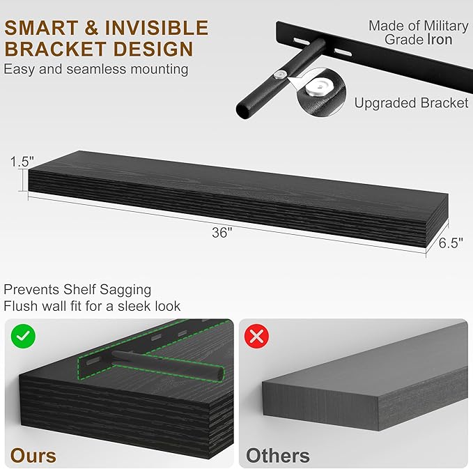 Fun Memories Floating Shelves for Wall, 36Inch Floating Shelves Set of 2, Hanging Shelf with Invisible Brackets, Bathroom She