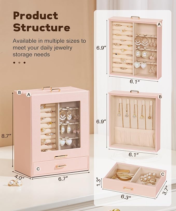 Homde Jewelry Organizer Girls Women Jewelry Box for Necklaces Rings Earrings Gift Bracelets Storage Case (Peach Pink + Gold)
