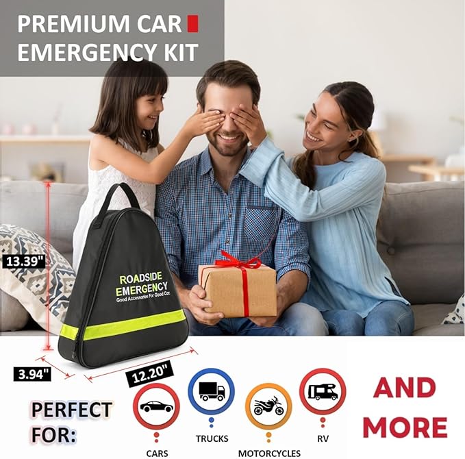 Car Emergency Kit with Jumper Cables, Roadside Safety Emergency Car Kit for Vehicle Truck Motorcycle - Gifts for Men Women Te