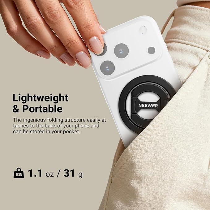NEEWER Magnetic Phone Grip, Dual Side Magnet Cell Phone Ring Holder Stand Foldable Kickstand Portable Compatible with MagSafe iPhone Samsung Android for Car Mount Workout Gym Video Recording, PA140