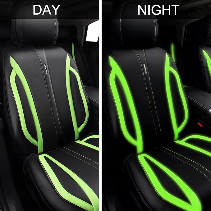 CAR PASS Fluorescent Green & Nappa Leather Seat Covers Full Set, with Backrest Cushion Protector Waist Protection Universal F