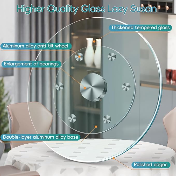 35" Large Lazy Susan for Dining Table Kitchen Glass Turntable with Aluminum Alloy Bearing, Smooth Swivel