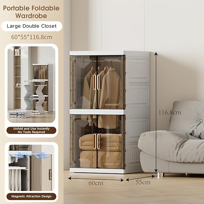 SunSettler Collapsible Wardrobe Closet, Large Collapsible Plastic Wardrobe with Wheels, Foldable Clothes Storage Cabinet (2 L