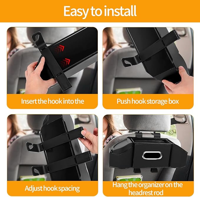 7-In-1 Multifunctional Car Seat Back Organizer with Cup Holders, Tissue Box, Garbage Can & Hooks, Headrest Storage & Cup Holder for Backseat (Black)