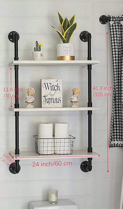White Floating Shelves 24 inch Pipe Wall Shelves Bathroom Shelves Over Toilet with Wood Planks Industrial Pipe Floating Shelv