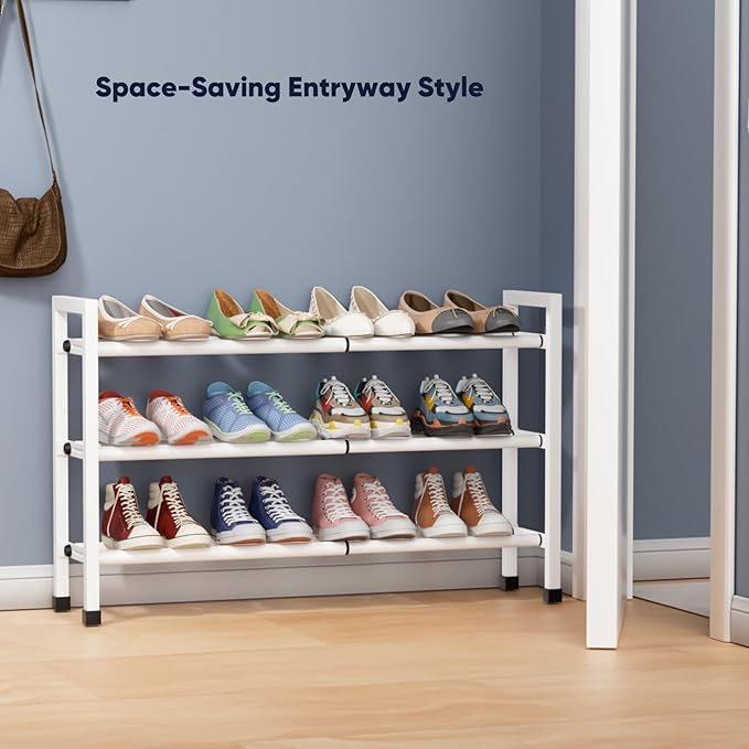 Abiglifty 3-Tier Expandable Shoe Rack,17"-33" Adjustable Shoe Rack for Closet,Metal Shoes Shelves for Front Door Entrance, Ga