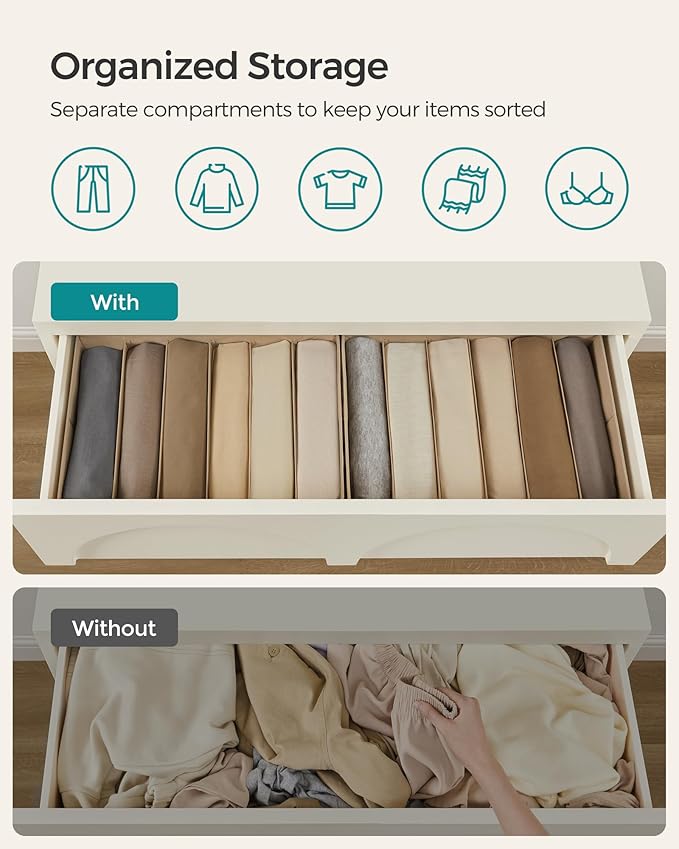 SONGMICS Set of 4 Large Size Wardrobe Clothes Organizers, 6-Compartment Foldable Drawer Organizers with Handles, 16.5 x 11.8 