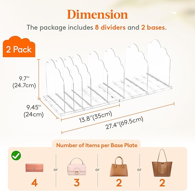 Lifewit Purse Organizer for Closet, 9.7" Tall Clear Handbags Storage Organizer, Adjustable Clutch Organizer Holder for Closet