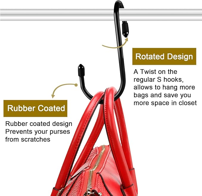 HiGift 12 Pack Purse Hooks for Closet, Non Slip Rubber Coated Closet Rod Hook for Bags, Large Organizer Hooks for Hanging Han