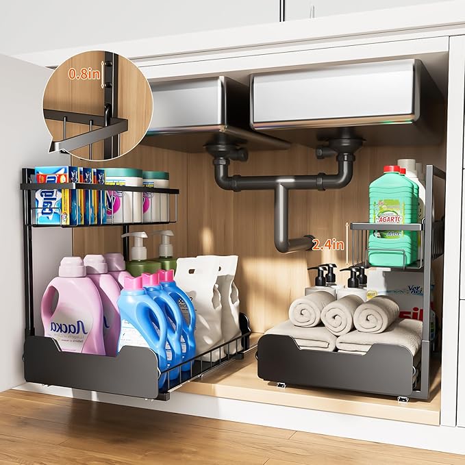 Under Sink Organizer, 2-Tier L-Shaped Pull Out Cabinet Shelf with 2 Installation Methods, Adjustable Sliding Storage Drawer f