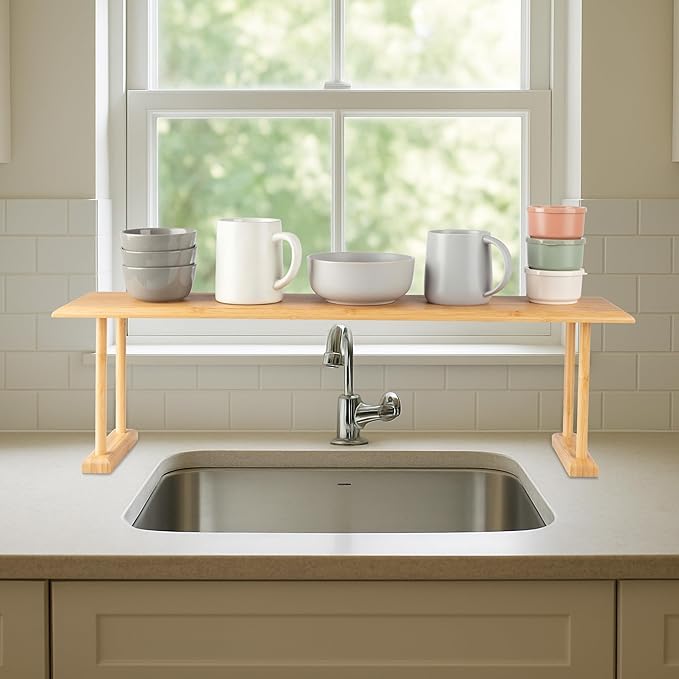 Bamboo Sink Shelf - Countertop Organizer Kitchen, Bathroom, Bedroom, Office - Space-Saving Storage for Soap, Sponges, and Cle