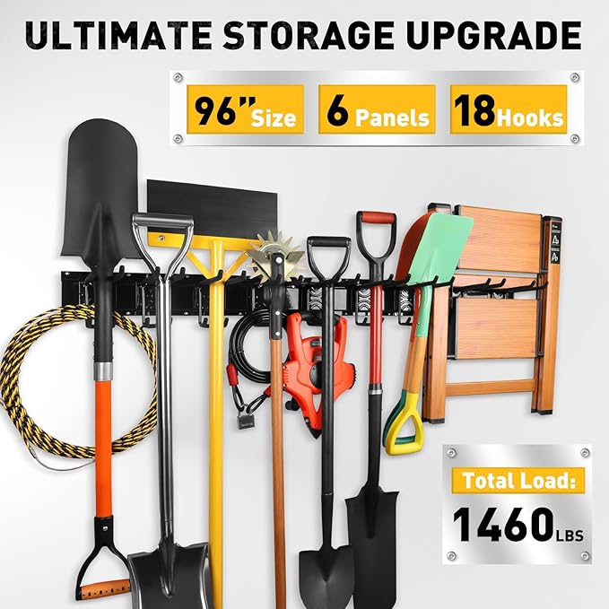 ELEAD 18-Pairs Heavy Duty Garage Tool Organizer Wall Mount Hooks, 96 Inches 1460 lbs Garden Tool Organizer with Adjustable Ho