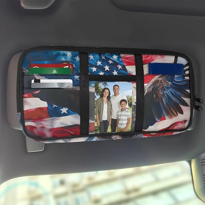 American Flag Car Sun Visor Organizer Multi-Pocket Visor Organizer Storage Pouch 11.81 x 5.9 Inch Car Sun Storage Pocket with Zipper