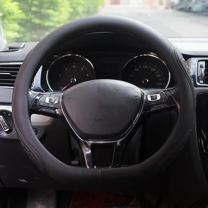 Leather Steering Wheel Cover Compatible with Volkswagen VW Tiguan Atlas ID.4 Taos Golf Passat Jetta Polo Beetle Touareg Cross