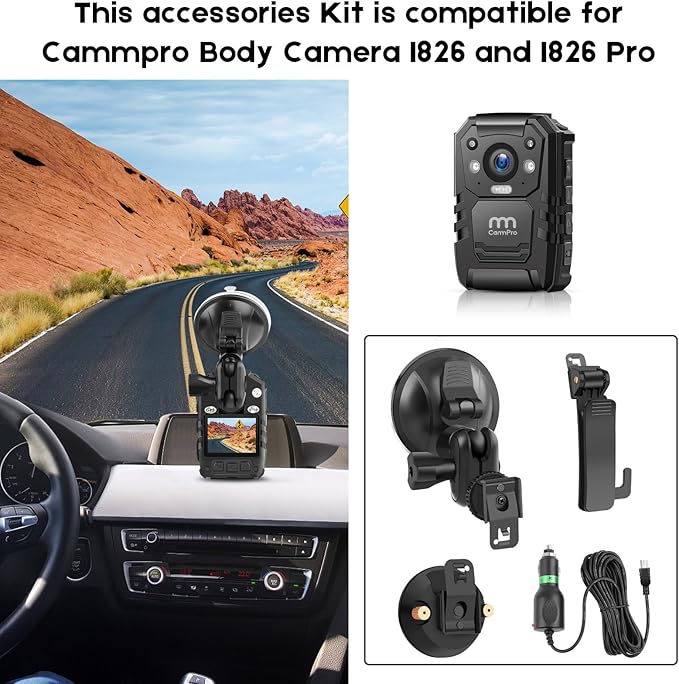 CammPro Body Worn Camera Accessories Bundle Kit for Body Camera I826, Screw Clip+Car Charger+Suction Cup Mount+Shoulder Clip