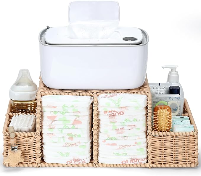 Diaper Caddy Organizer, Hand Rattan Nursery Storage Basket for Baby Essentials, Baby Changing Table Organizer Perfect Nursery