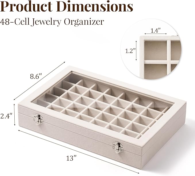 48 Grid Earring Organizer and Storage: Velvet Jewelry Tray with Lid, Jewelry Box for Studs, Earrings, Rings, Necklaces, Dress