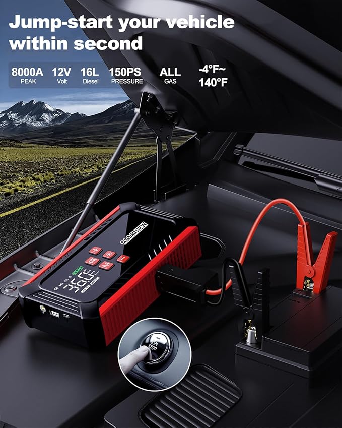 8000A Jump Starter with Air Compressor, 26800mAh Car Battery Jump Starter (All Gas/16.0L Diesel) with 150PSI Auto-Shutoff Tire Inflator, 12V Jump Box with Booster, Jumper Cables, Cigarette Lighter