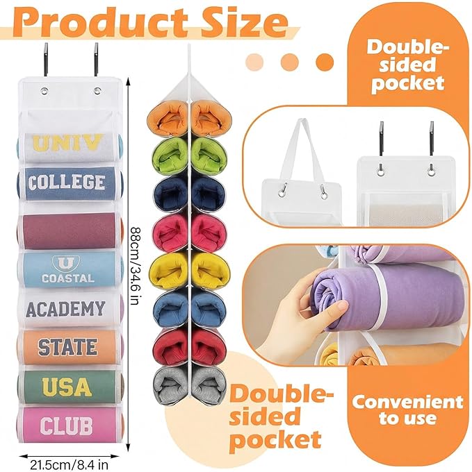 Over The Door Hoodie Organizer, Double Sided Holds 16 Hoodies, White Hanging Storage with 2 Hooks and Rope for Door Closet Ca