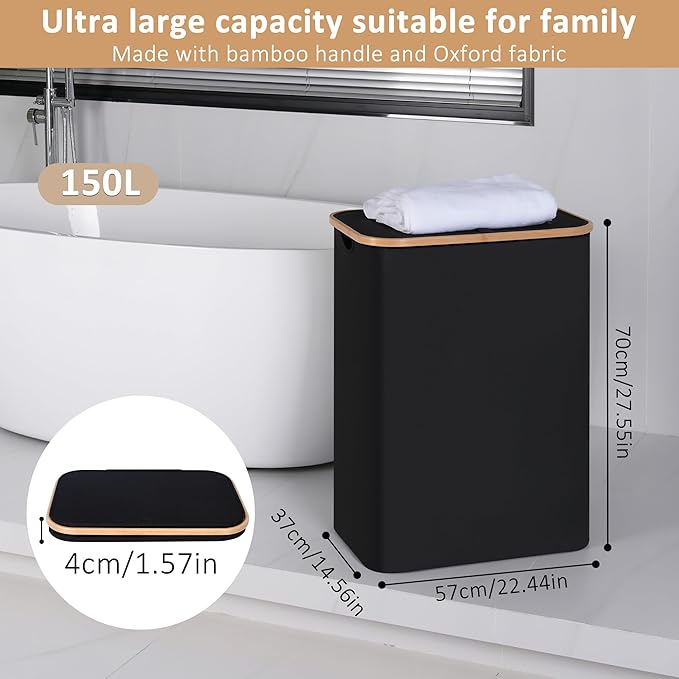 iEGrow 150L Laundry Basket with Lid,Large Laundry Hamper with Bamboo Handles, Hampers for Laundry, Dirty Clothes Hamper with 