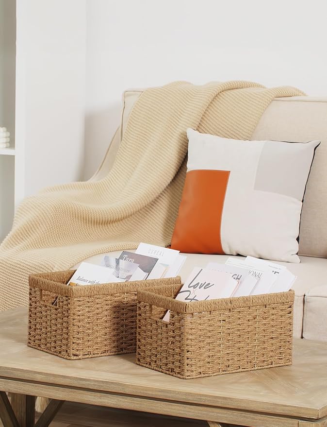 StorageWorks Round Paper Rope Storage Baskets, Rectangular Wicker Baskets with Built-in Handles, Medium, 13 ¼ x 8 ½ x 7 ¼ inc