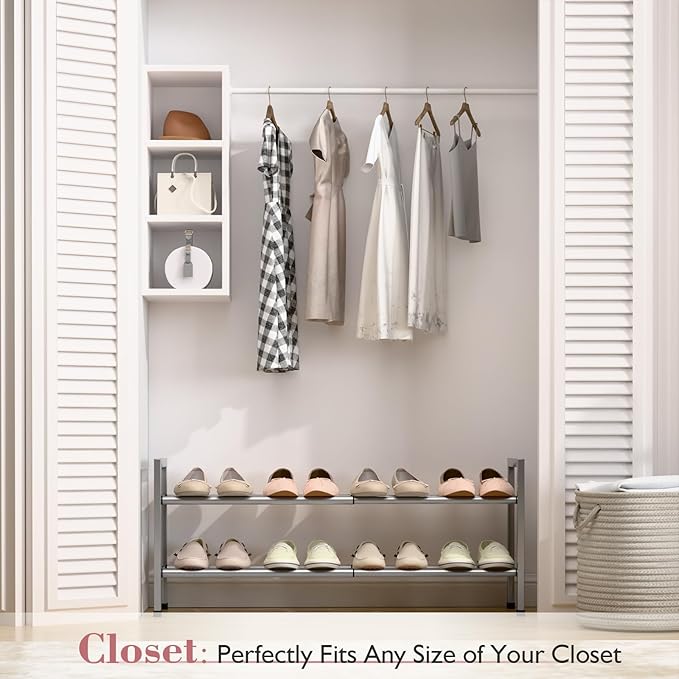 Bumusty 2 Tier Expandable Shoe Rack for Closet, 18“-33” Adjustable Shoe Rack for Small Space, Small Shoe Organizer for Front 