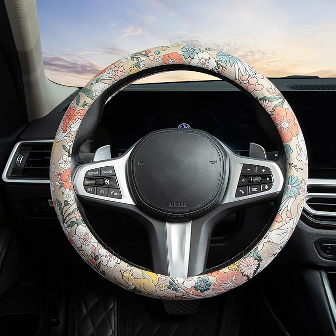 White Rabbit Mushroom Steering Wheel Cover Auto Jacquard Steering Wheel Protector, Anti-Slip, Breathable, Absorbing Sweat, Un