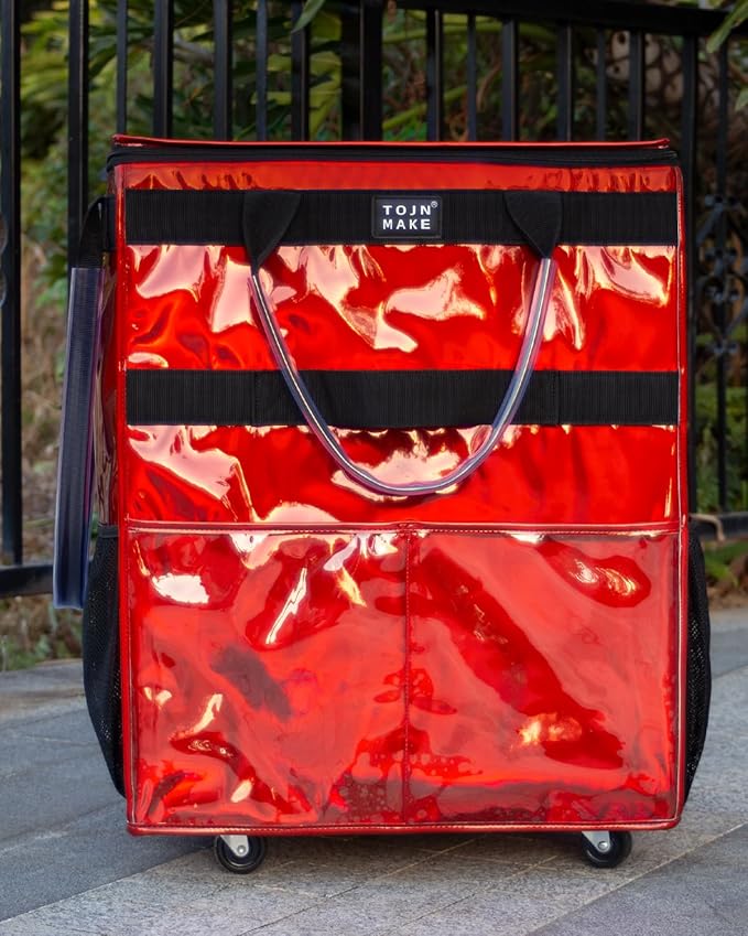 Reusable Grocery Bag with Wheels (Large, Glitter Red), Rolling Shopping Bag with 8 Pockets and Zipper Cover Foldable Rolling Tote for Women, Travel, Garden, Carries Up to 76LBS