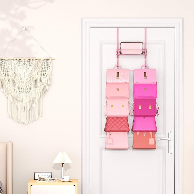 SWTYMIKI Over The Door Purse Organizer - Wall Mounted Handbag Organizer with 10 Hooks and Metal Basket, Hanging Purse Storage