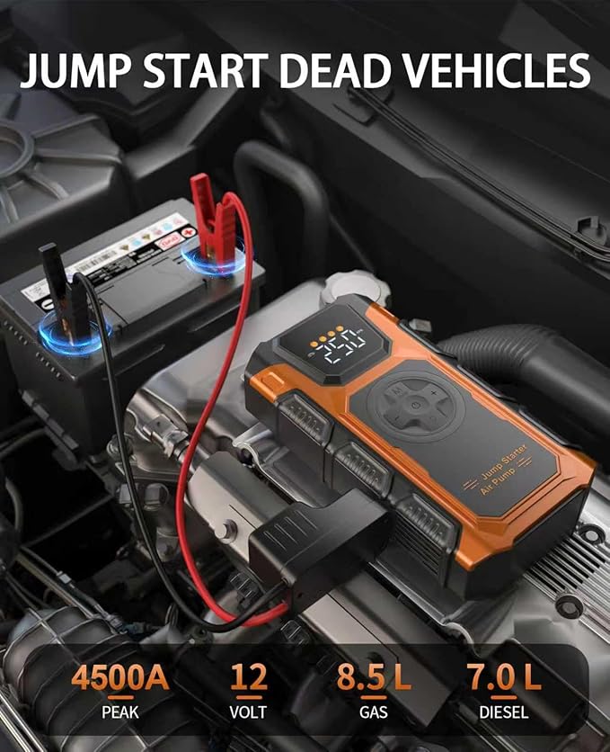 Tire Inflator Portable Air Compressor, 150 PSI Cordless Mini Air Pump for Car, Motorcycle, Bikes, Balls with Pressure Gauge&Auto Shutoff Function, 4500A Car Battery Jump Starter with LED Light