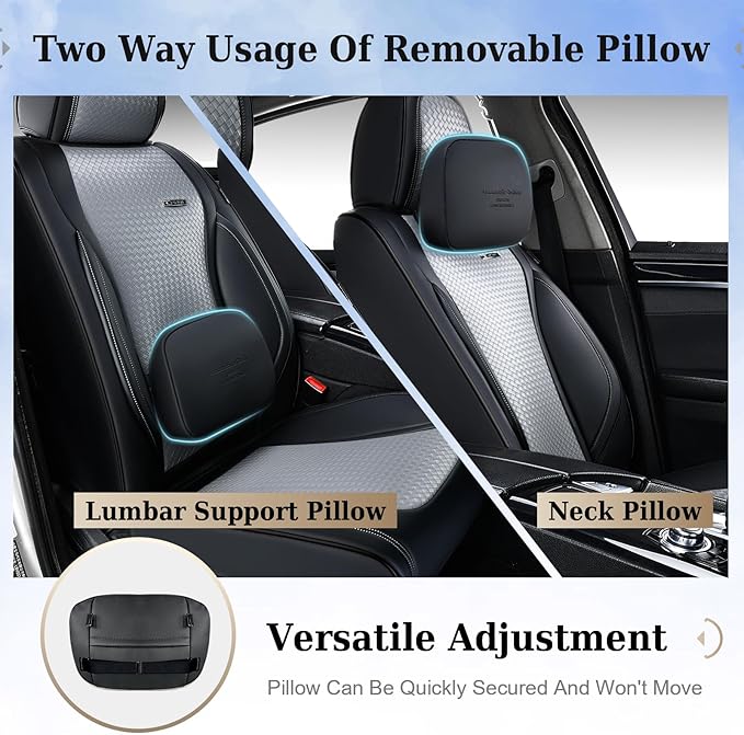 Coverado Seat Covers, Car Seat Covers Front Seats, Waterproof Nappa Leather Auto Seat Cover with Lumbar Head Pillow, Black Gr