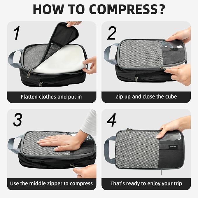 BAGAIL 6 Set Lightweight Compression Packing Cubes with Packing List, Anti-Tearing Expandable Organizer Bags for Travel, Dark