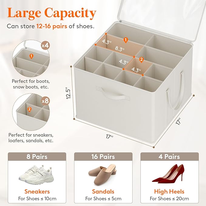 Lifewit Shoe Storage Organizer for Closet, Fabric Large Shoe Box Storage Containers with Clear Cover, Foldable Bins for Boots