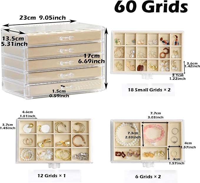 YUFONG Jewelry Organizer with 5 Drawers Clear Acrylic Earring Display Case Velvet Jewelry Storage Box Display Holder for Earr