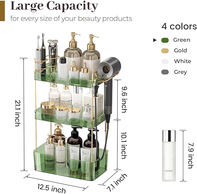 Aveniee Bathroom Counter Organizer,3 Tier Skincare Perfume Countertop Storage with Hair Dryer Rack and Toothbrush Holder, Cos