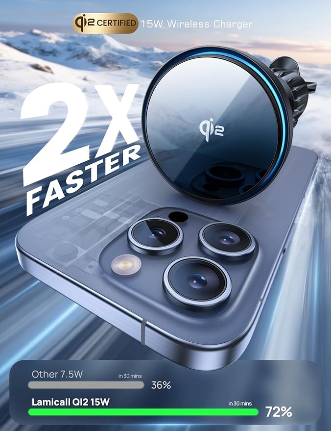 Lamicall 15W for QI2 Magsafe Car Mount Charger - 【RGB LED】360° Wireless Car Phone Holder Vent Dashboard, HandsFree Magnetic Phone Holder for Car Charging for iPhone 17 Air Pro Max Plus 16 15 14 13 12