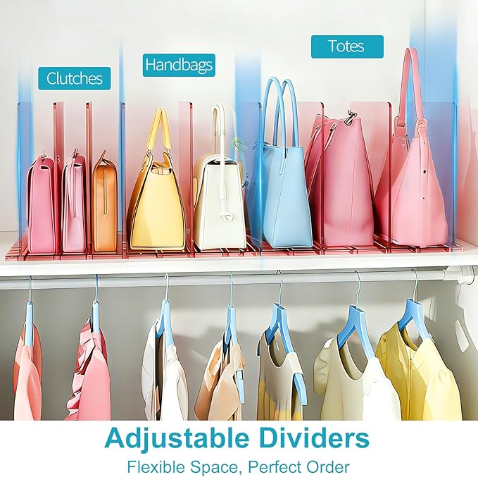 SortNStore Purse Organizer for Closet: Shelf Dividers Adjustable Acrylic Bag Closet Organizers and Storage Pink 4 Bases 14 Sh