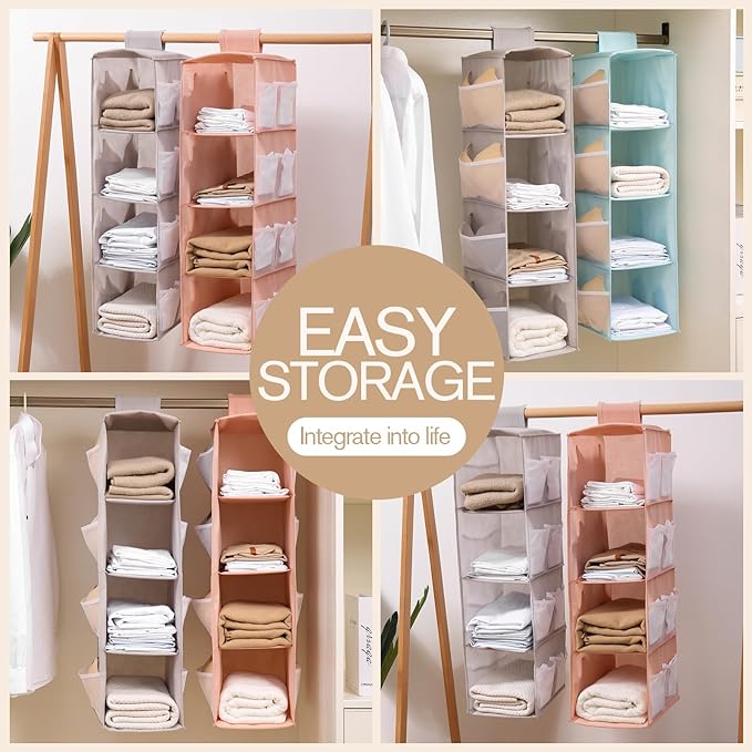Hanging Closet Organizer, 4-Section Storage Shelves, Oxford Cloth with Mesh Pockets, (Pink, 3 Section)