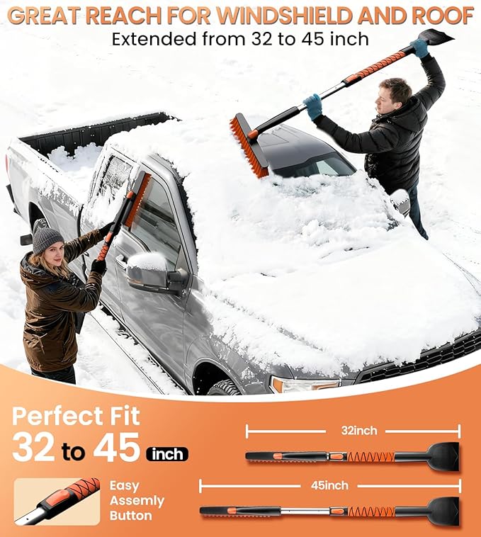 Zanch 2025 Upgrade Extendable 3-in-1 Car Snow Brush and Ice Scraper [45" Extendable Handle] with 360° Rotating Brush Head for Car Windshield Clear Snow, Ice and Frost, for All Cars/Truck/SUV